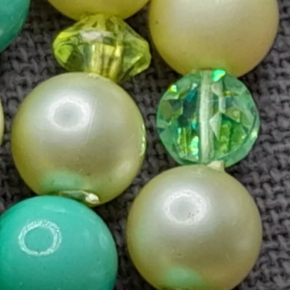 Vintage Green White Bead Necklace, Four Strands, AB Crystal Aspirin Beads, 16 In